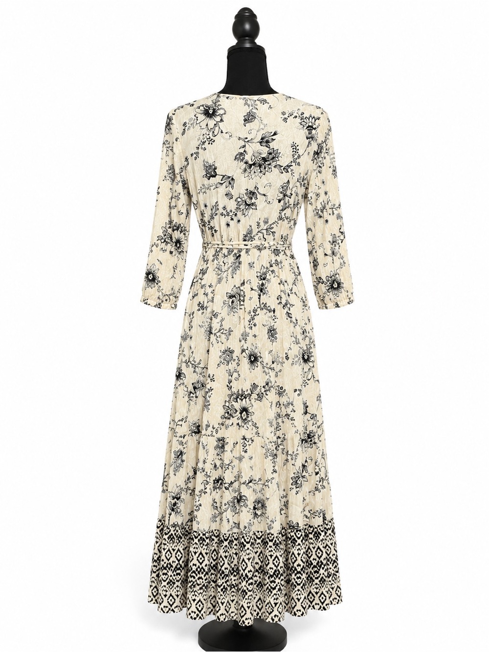 Knox Rose Maxi Dress Medium Ivory Black Floral Faux Wrap Boho Prairie Rayon - Picture 2 of 7